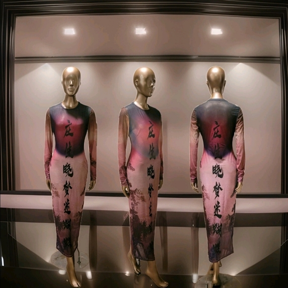 NWT Round Collar Oriental Text Print Mesh Bodycon Midi Dress Sz M - Picture 9 of 16